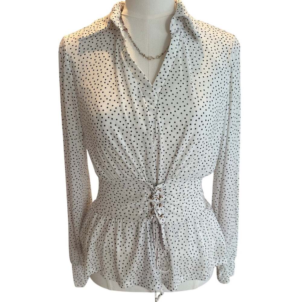 Ember Large White Polka Dot Blouse Sheer Sleeves Lace Up Waist Peplum Top